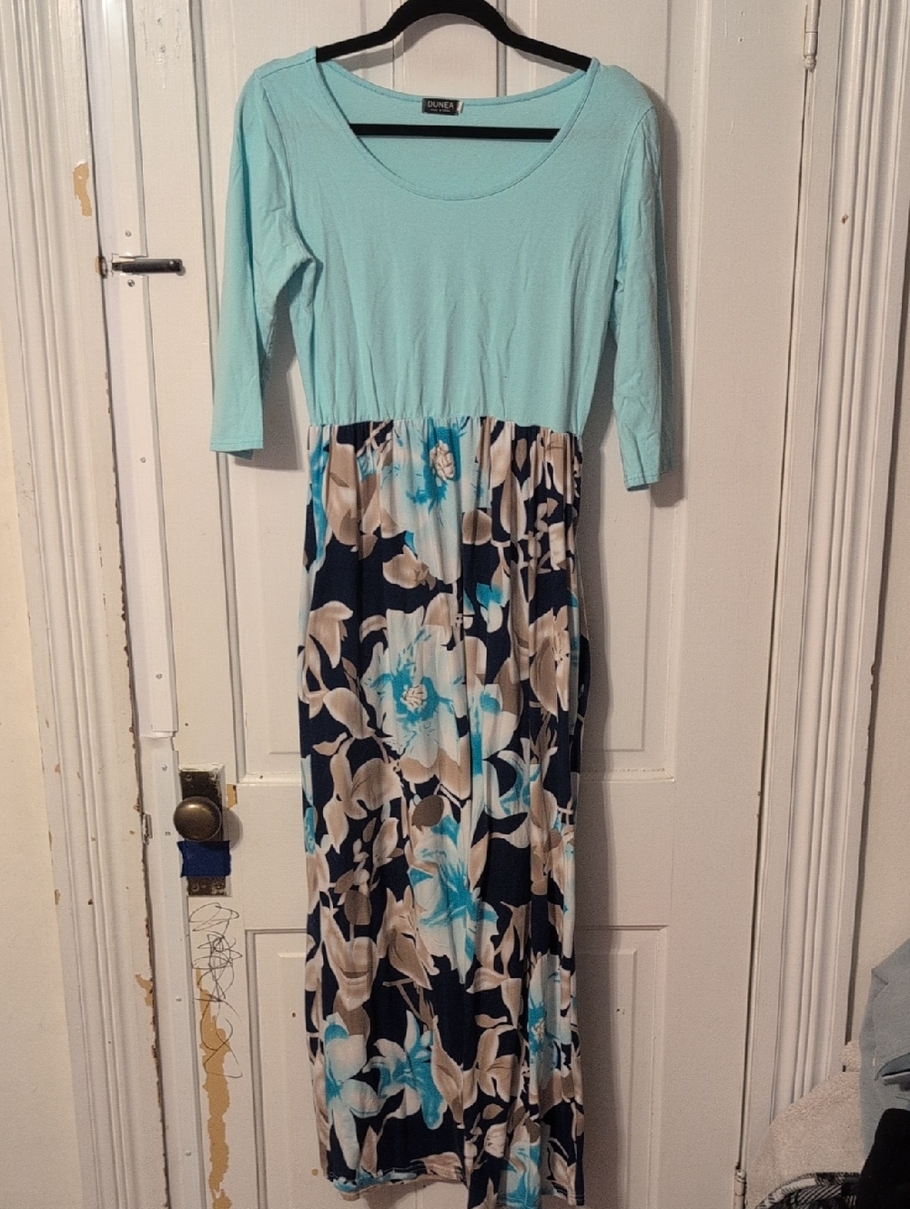 Floral Scoop-Neck Maxi Dress in Aqua and Navy